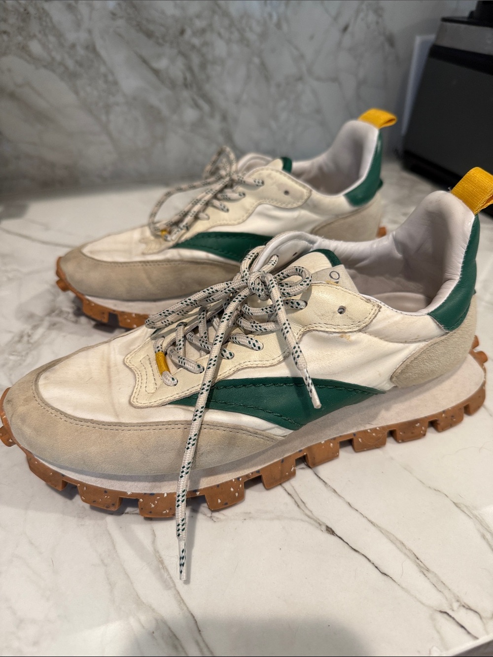 Women's Athletic Sneakers in White and Green with Gum Outsole